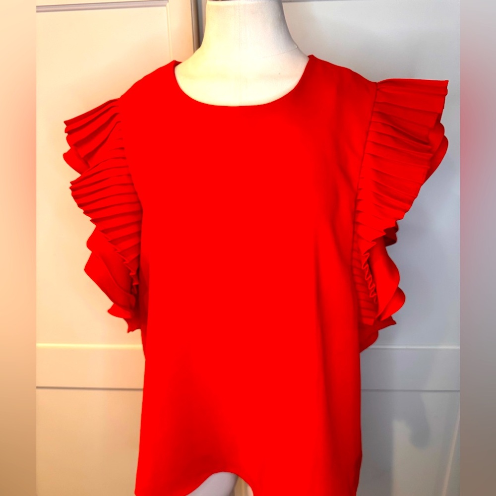 Vibrant Red Sleeveless Ruffled Blouse - Picture 1 of 5